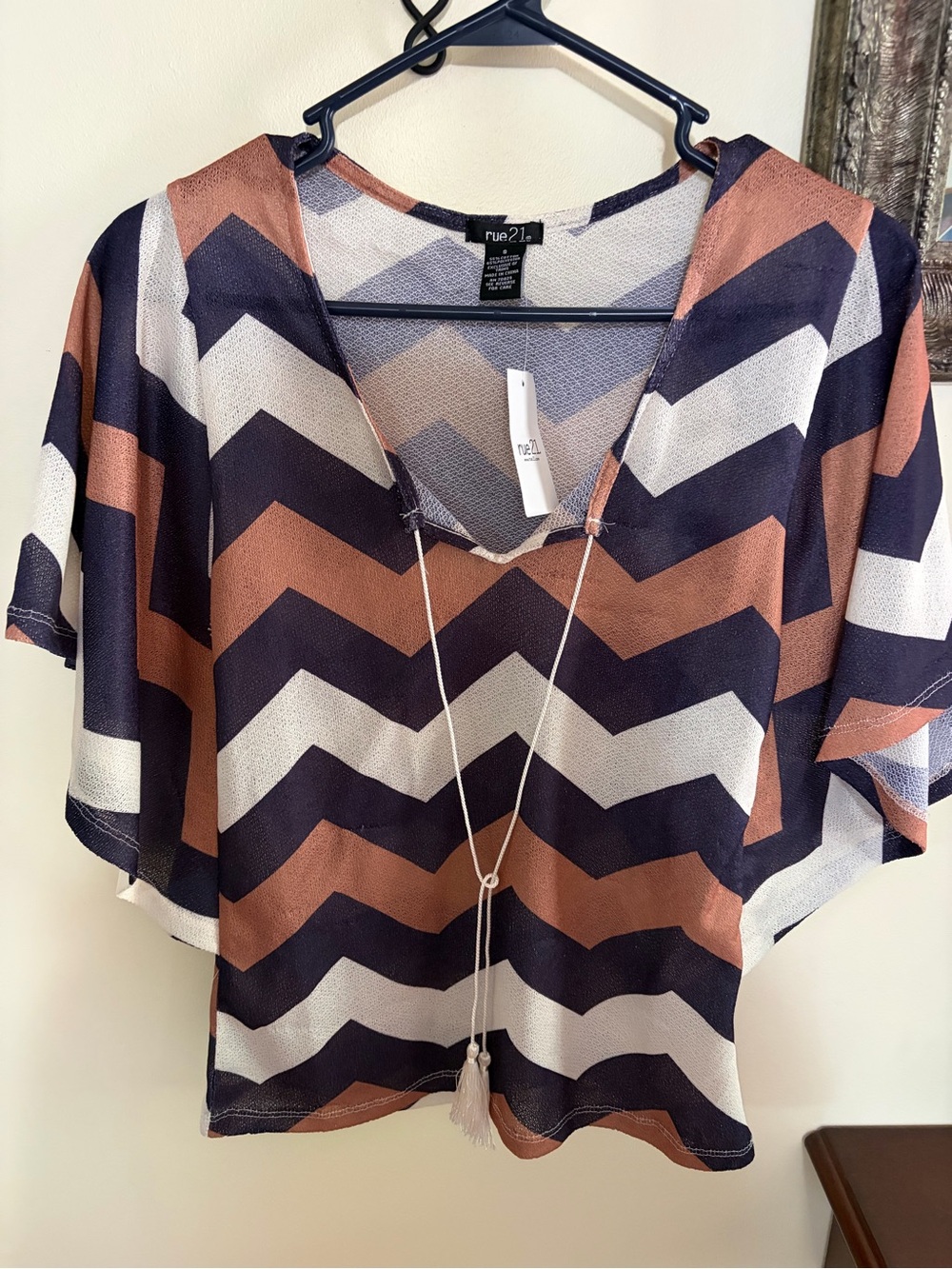 Rue21 Chevron V-Neck Dolman Top in Navy, Rust & Cream